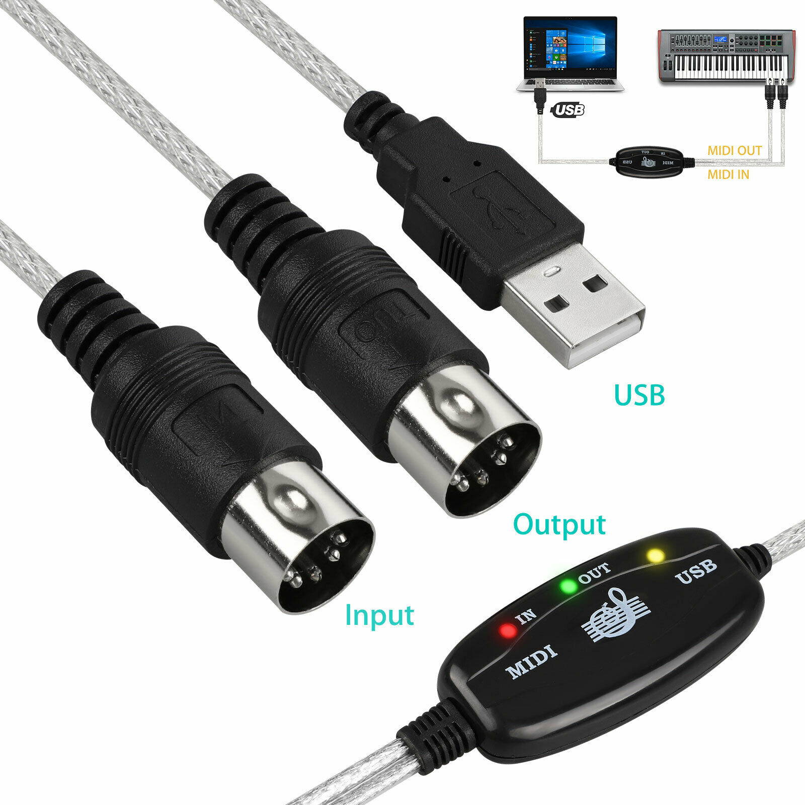 Professional MIDI to USB IN-OUT Cable Converter For PC/Mac/Laptop - 6FT, (Black)
