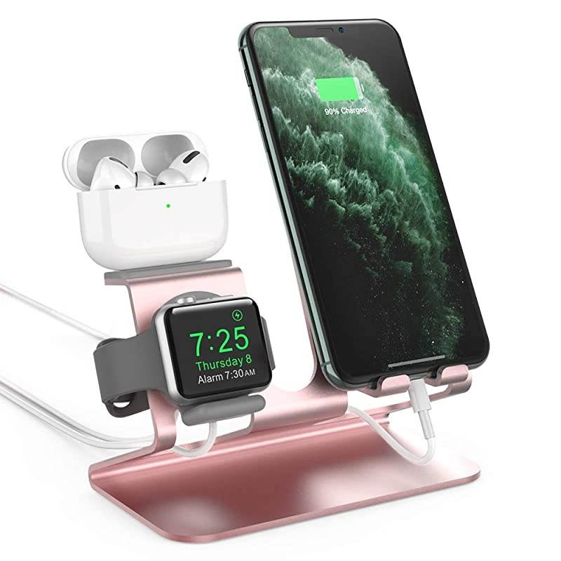 3 in 1 Charging Station Holder for Apple Watch, Aluminum Desktop Holder for Cell Phone, AirPods Pro/AirPods 2/ AirPods and Apple Watch Series SE/6/5/4/3/2/1(Rose Gold)