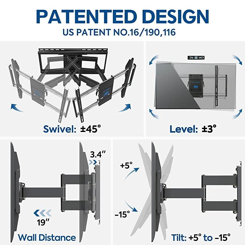 TV Mount with Sliding Design for 4270 Inch TVs Easy for TV Centering on Wall Full Motion TV Wall Mount Fits Most Smart OLED TVs Easy to Install on 16quot~ 24quot Studs Extend to 19quot