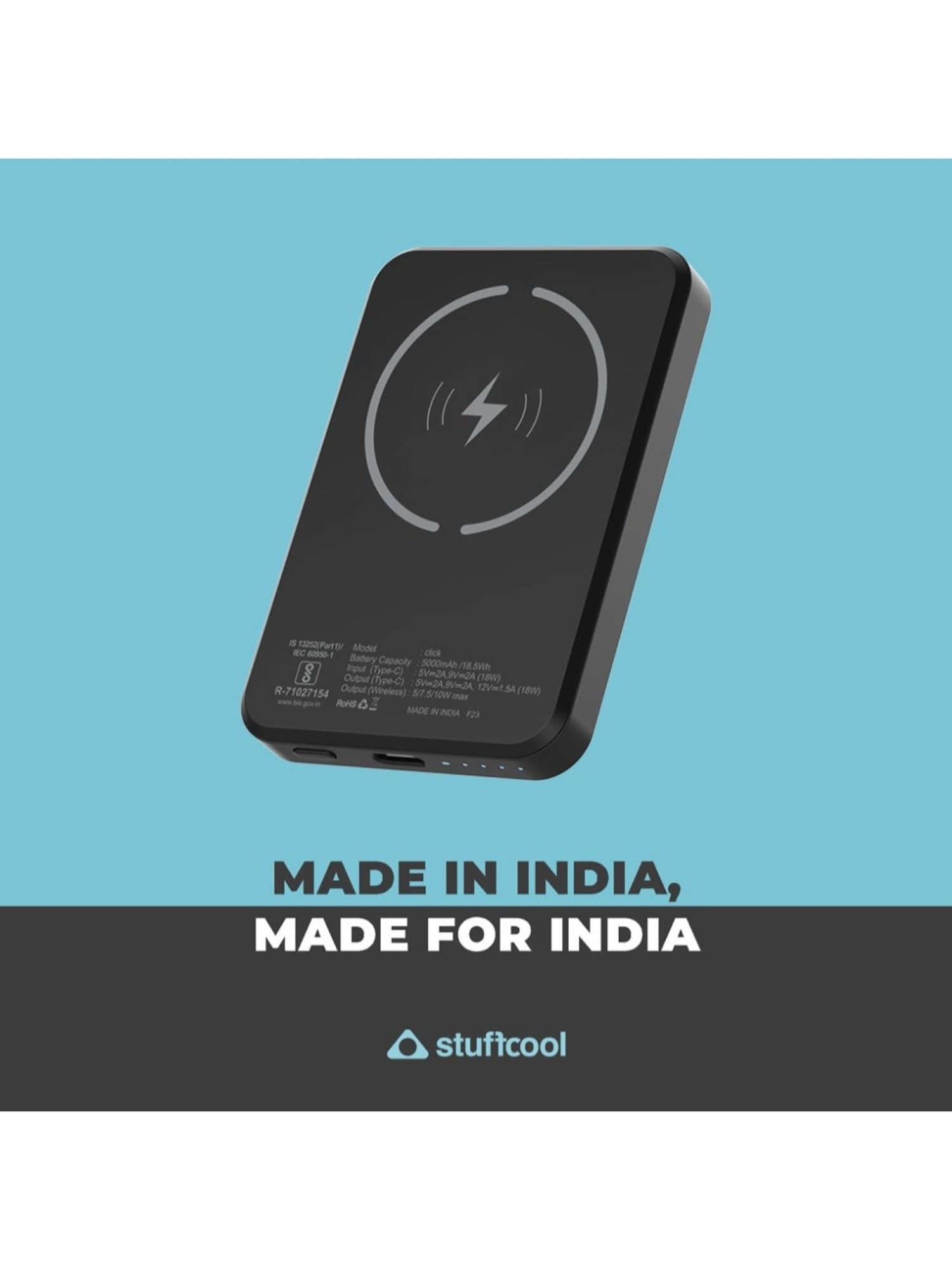 Stuffcool Click 5000mAh Magnetic Wireless Powerbank with 18W PD Type C Port (Matte Black)