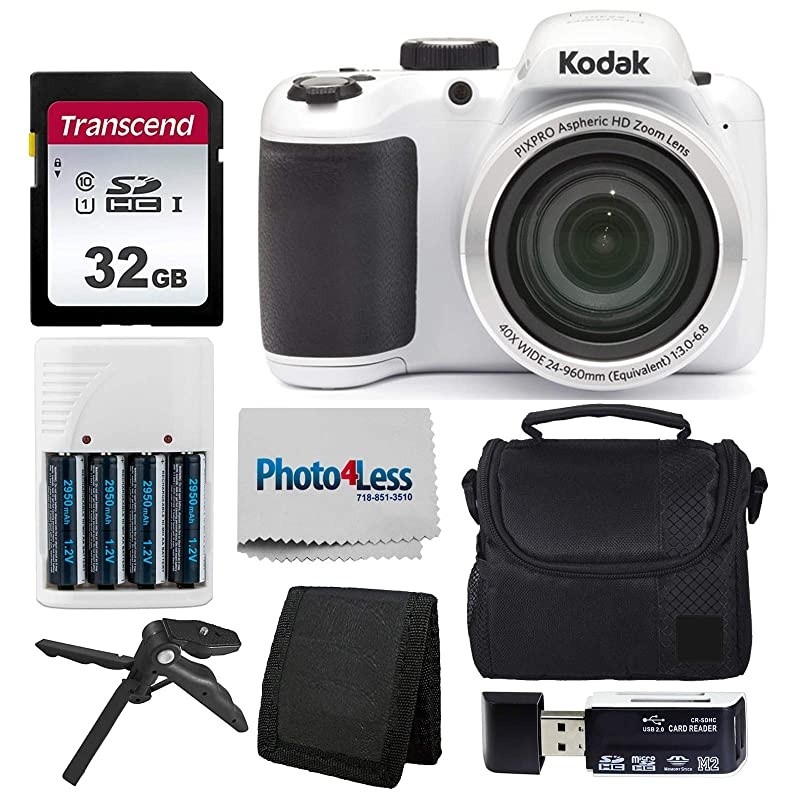 PIXPRO AZ401 Astro Zoom 16MP Digital Camera (White) + Point & Shoot Camera Case + Transcend 32GB SD Memory Card + Rechargeable Batteries & Charger + USB Card Reader + Table Tripod + Accessories
