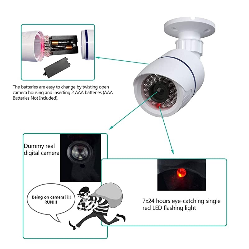 Bullet Dummy Fake Simulated Surveillance Security CCTV Dome Camera Indoor Outdoor with One LED Light, Warning Security Alert Sticker Decal (TC-W4), 4 Packs, White