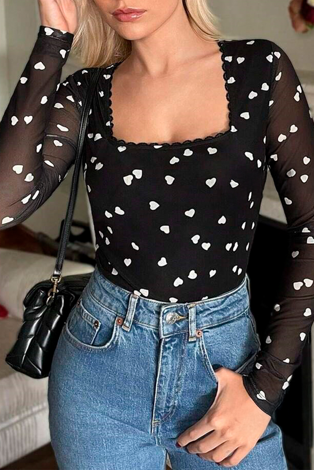 Rose Red Rhinestone Mesh Long Sleeve Bodysuit