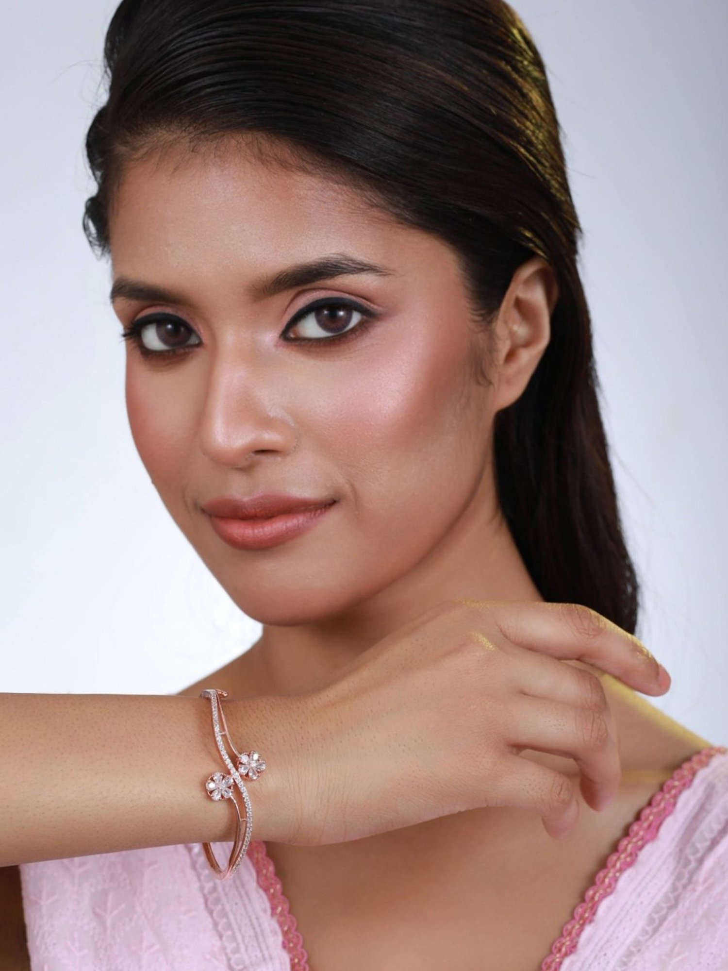 Aatmana Rose Gold-Plated American Diamond Studded Floral Handcrafted Bangle-Style Bracelet