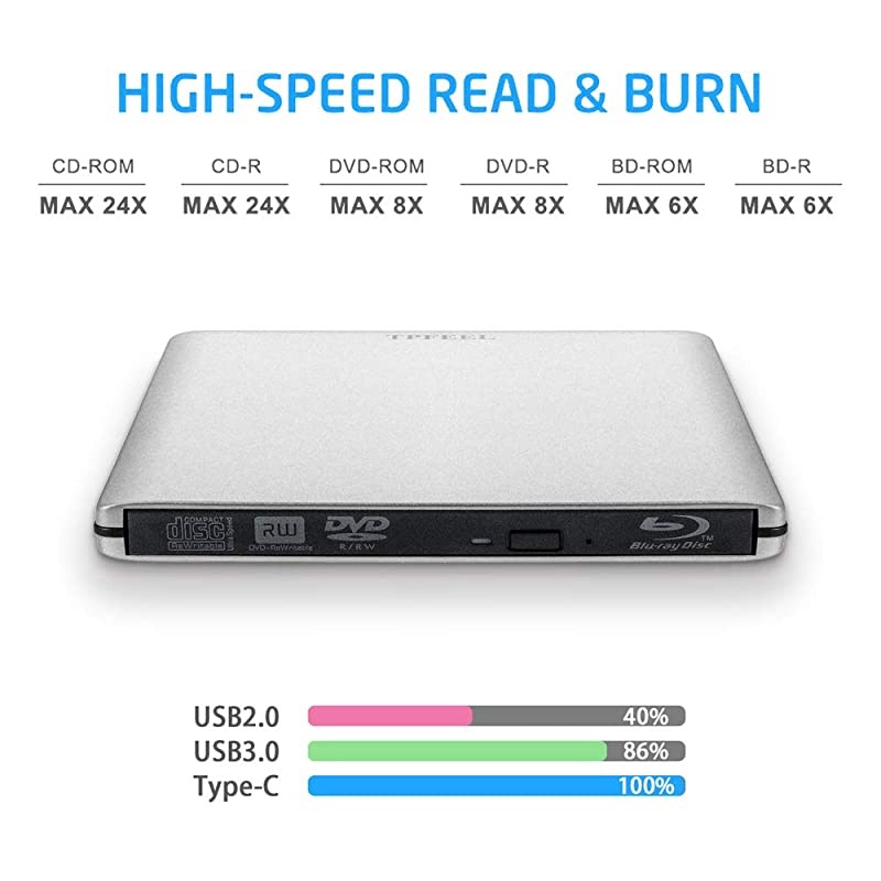 USB30 External BluRay Burner Drive Aluminum USB C Portable BluRay Writer Reader 3D 6x Slim BD CD DVD Player for Windows XP7810Mac OS Laptop DesktopSilver