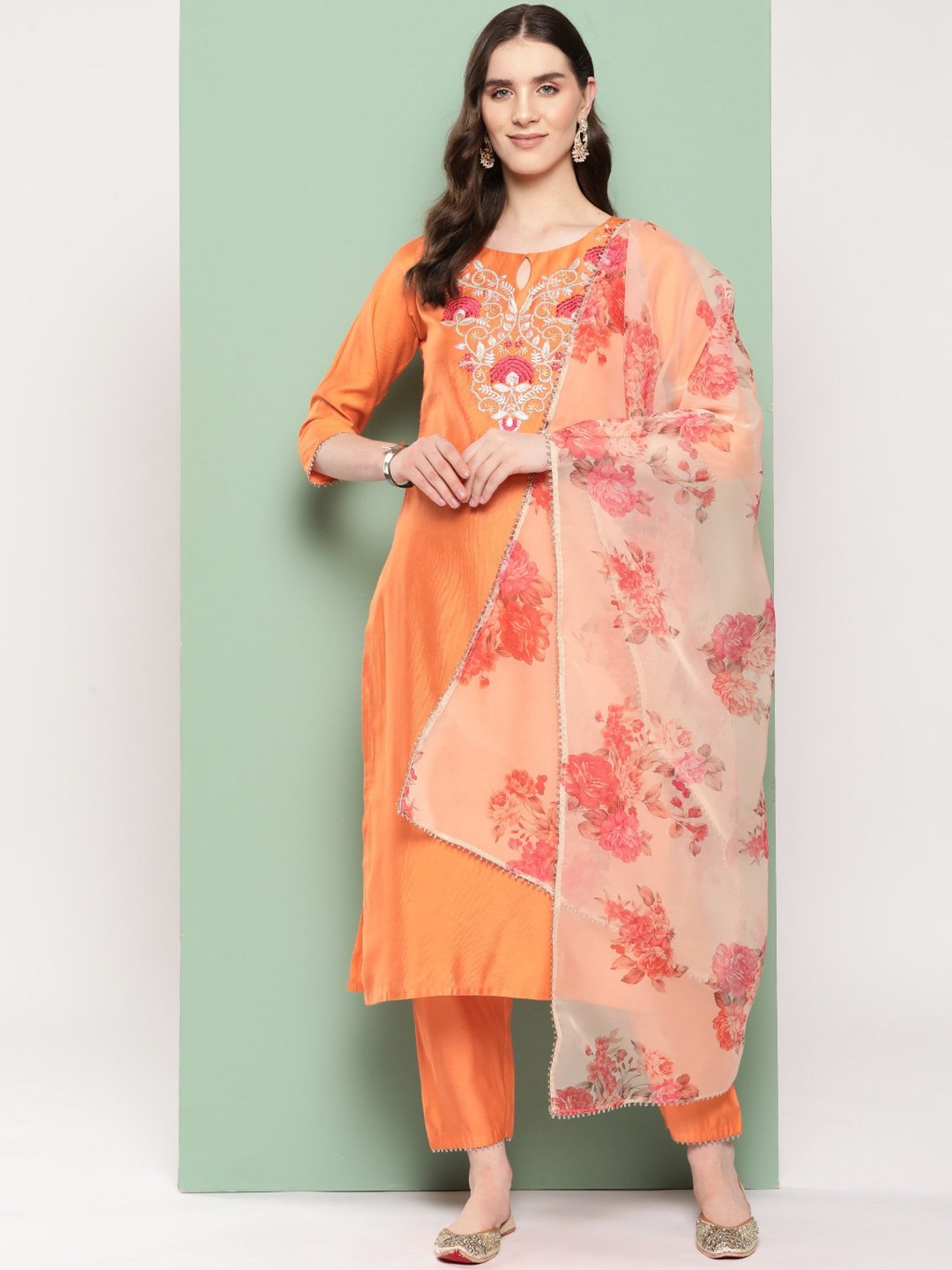 Indo Era Orange Embroidered Kurta With Pant & Dupatta