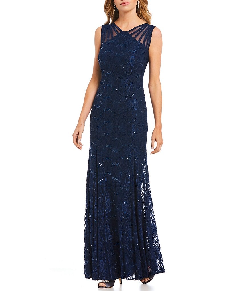 R & M Richards Illusion Shoulder Sleeveless Lace Gown