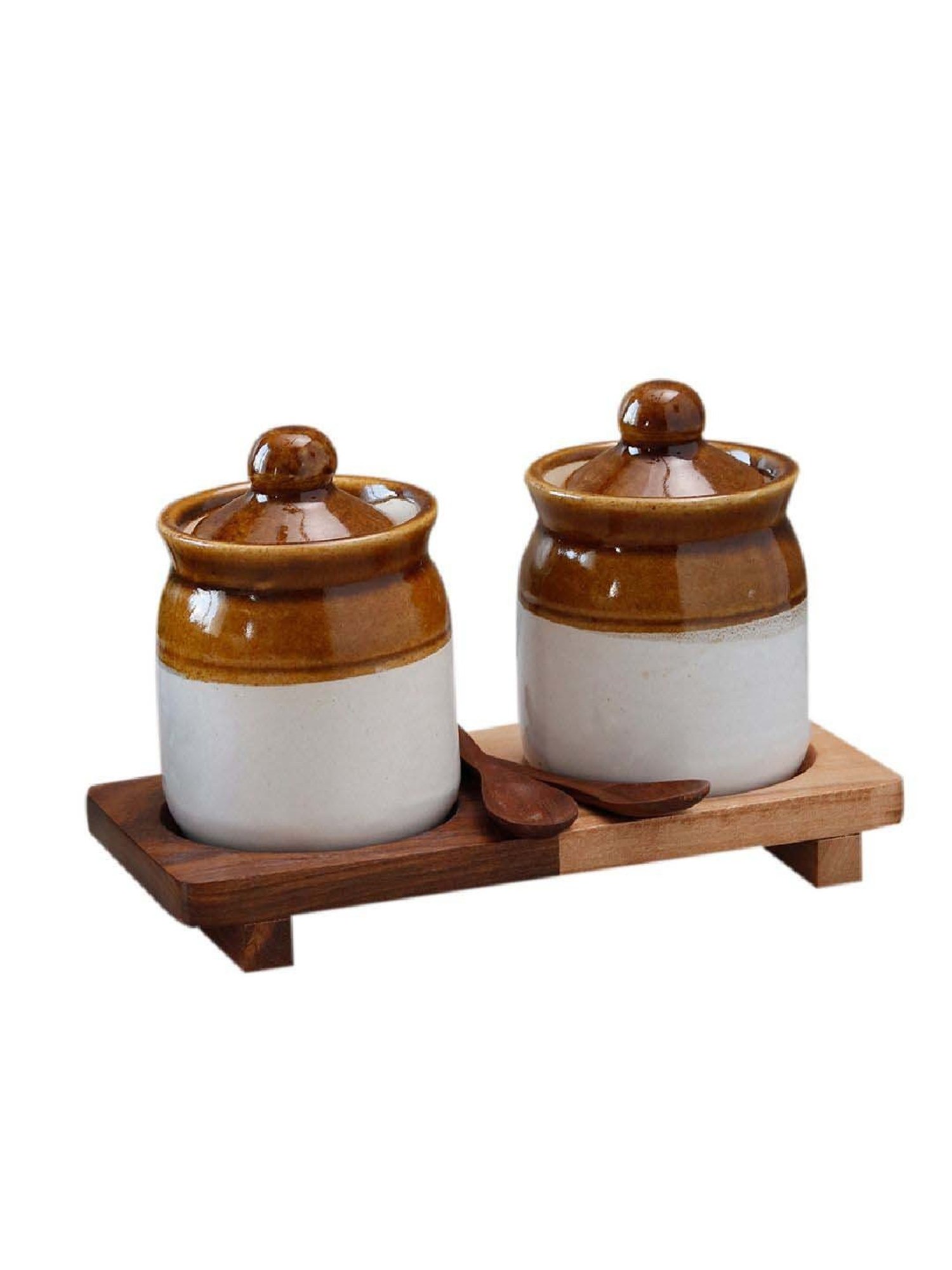 Unravel India New Brown & White Wood Martaban Jar with Spoon & Tray - Set of 5
