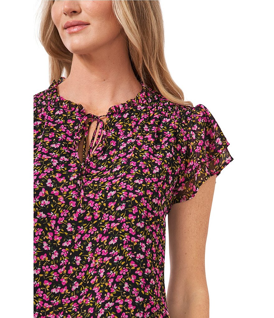 CeCe Short Sleeve Smocked Ditsy Floral Blouse