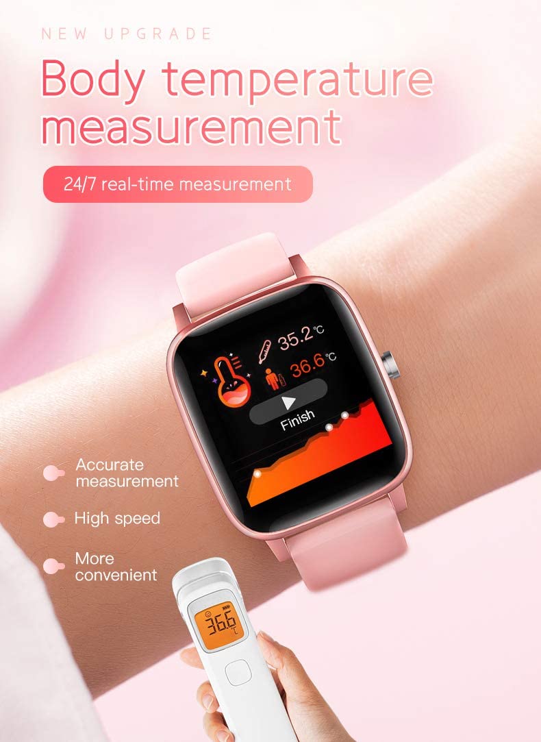 Smart Watch,Body Temperature Measurement ,IP67 Waterproof,Sports Data, Calorie Monitoring,Smart Sports Bracelet,Heart Rate ,Blood Pressure, Blood Oxygen (Pink)