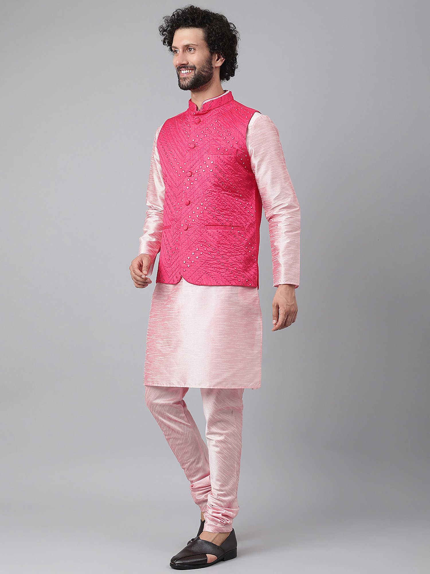 Hangup Plus Pink Regular Fit Kurta & Churidar Set With Nehru Jacket