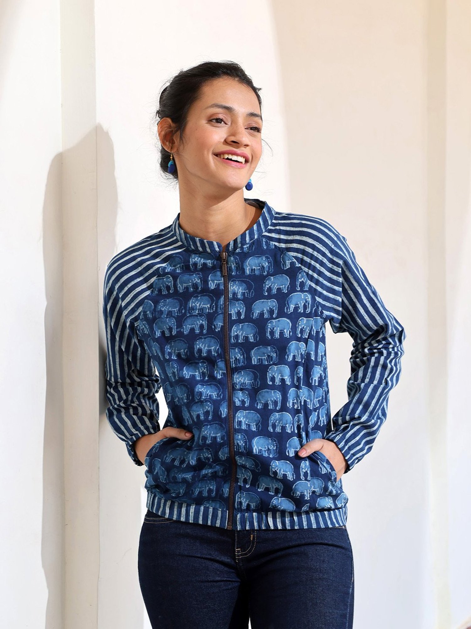 Okhai Indigo Pure Cotton Hand Block Print Bomber Jacket