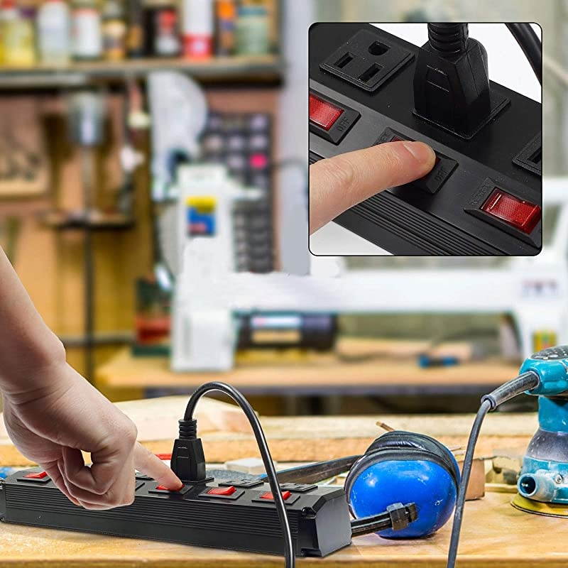 Strip Surge Protector 5 outlets Metal Heavy Duty Extension Cord 6 ft,5 Independent switches with one Master Switch, SGS Certified,Black