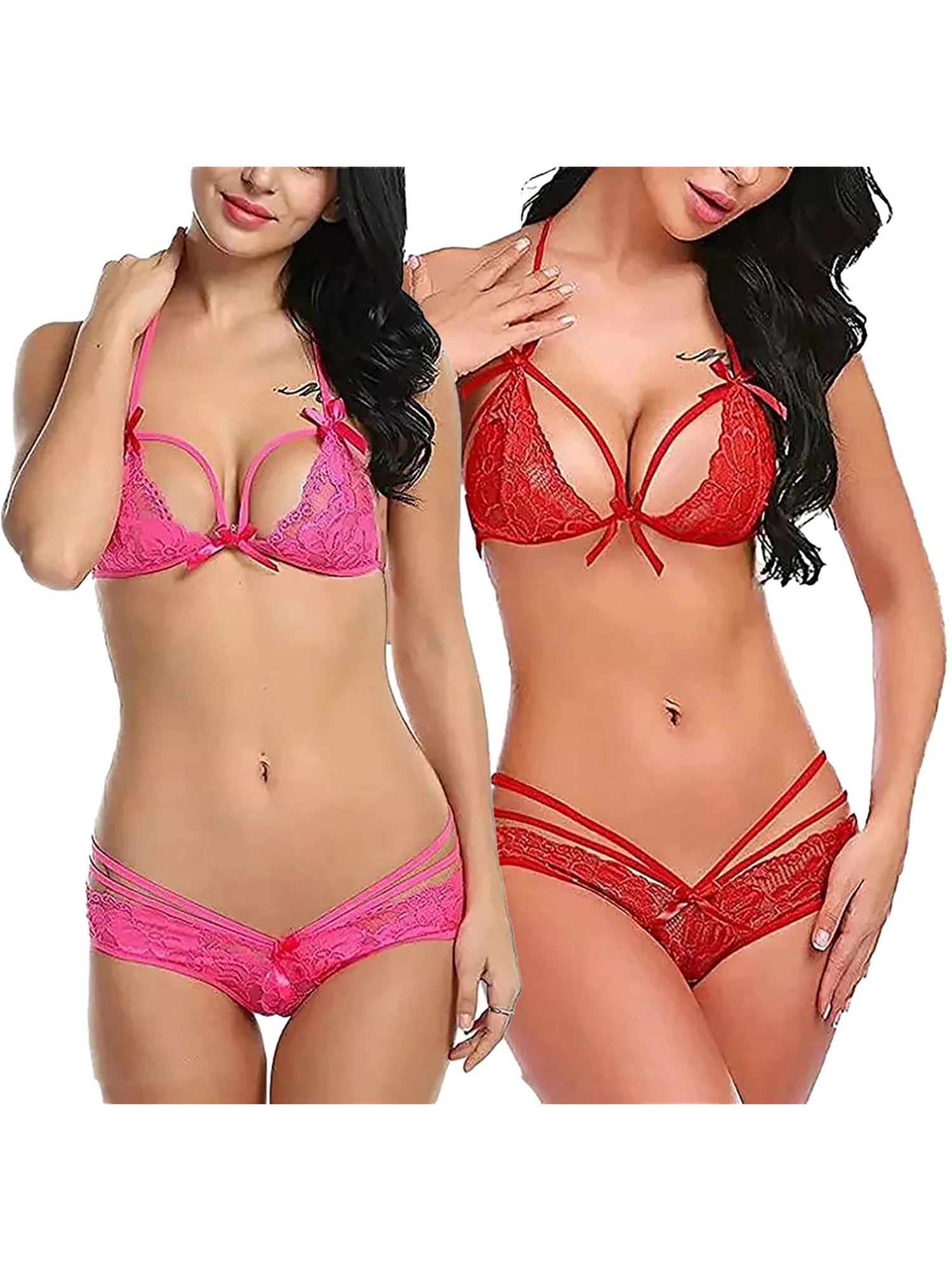 AROUSY Pink & Red Self Pattern Bikini Bra Panty Set - Set Of 2