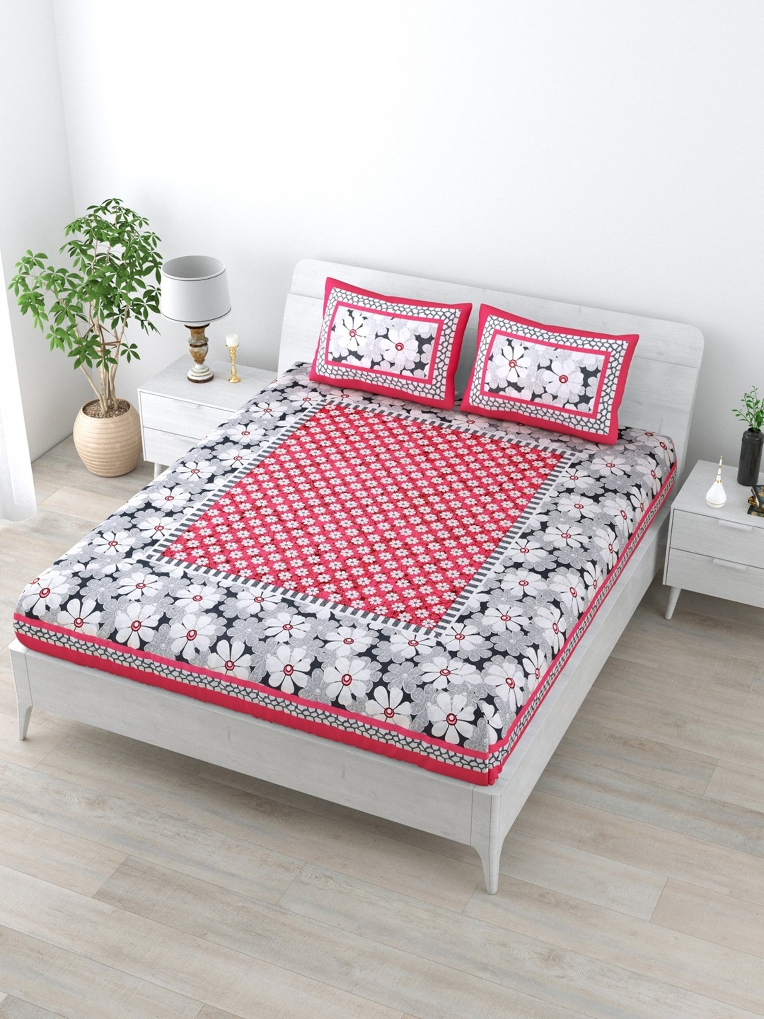 Living Roots Jaipuri Pink & Grey 210 TC Cotton Queen Bed Sheet with 2 Pillow Covers