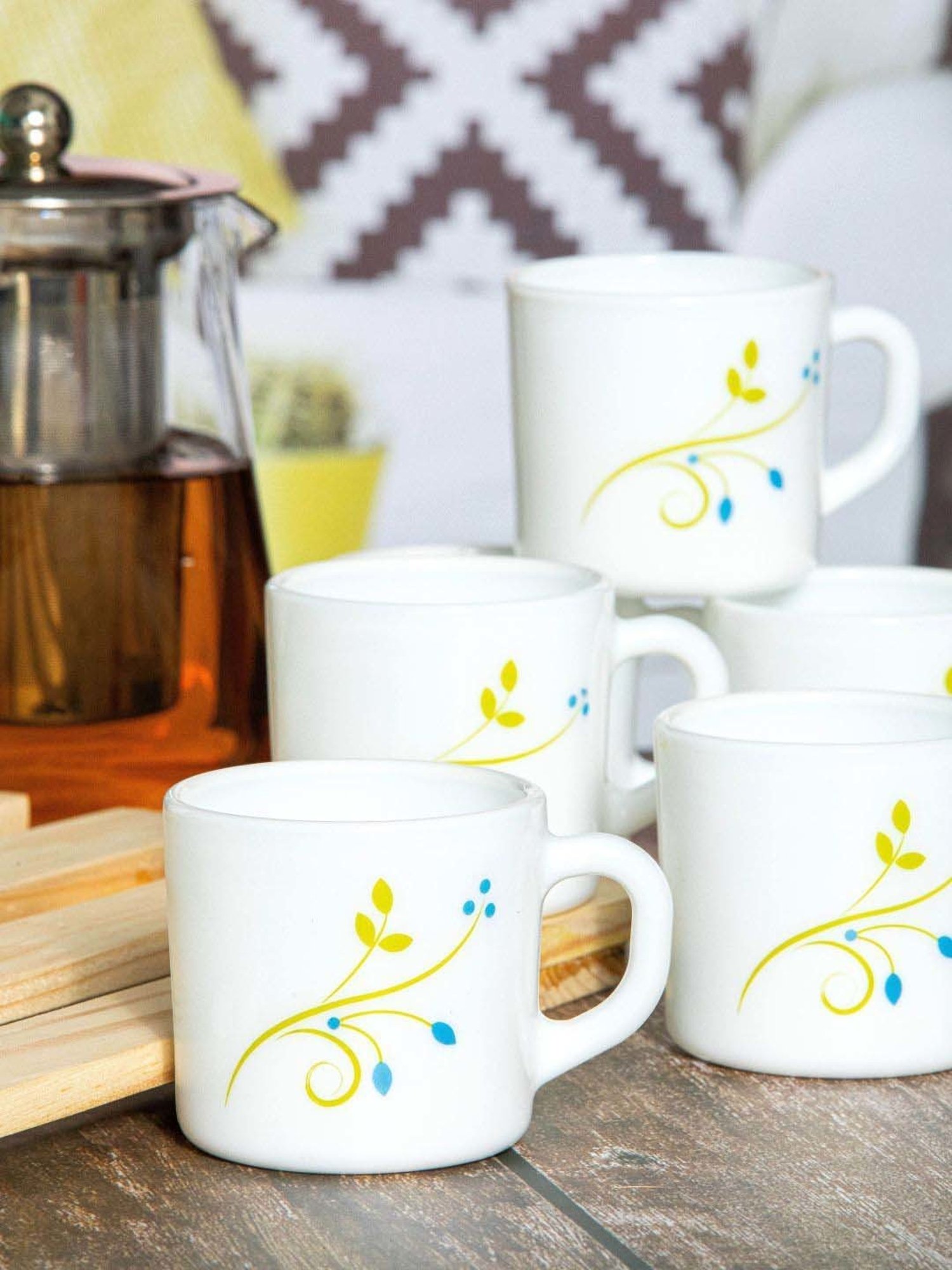Cello White & Yellow Glass Coffee Mug (0.1 L) - Set of 6