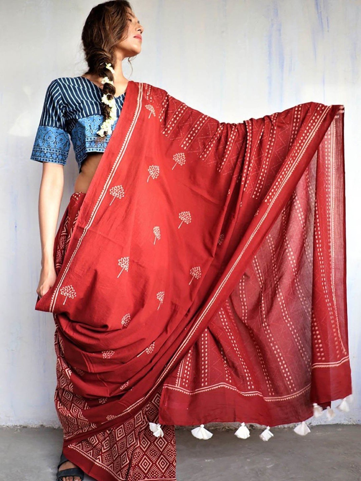 Chidiyaa Maroon Block Printed God Saree