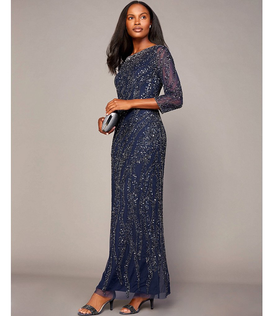 Pisarro Nights 3/4 Sleeve Illusion Yoke Beaded Mesh Gown