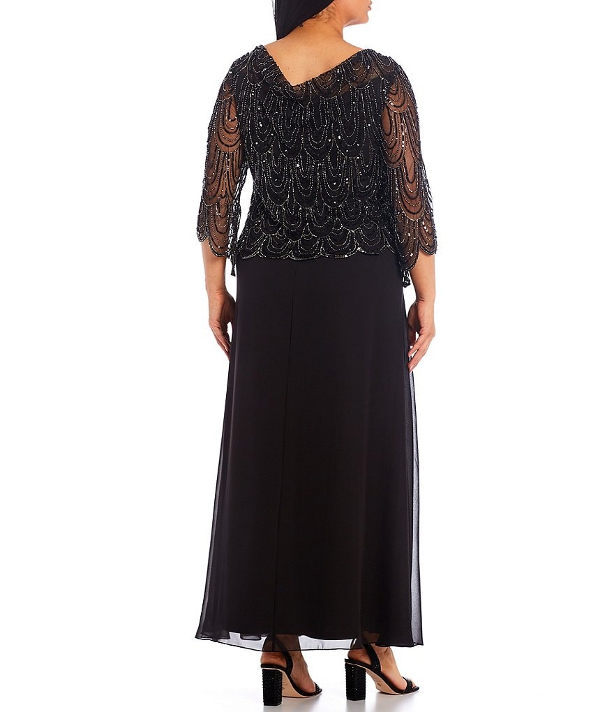 Jkara Plus Size Cowl Neck 3/4 Sleeve Scallop Beaded Bodice Gown