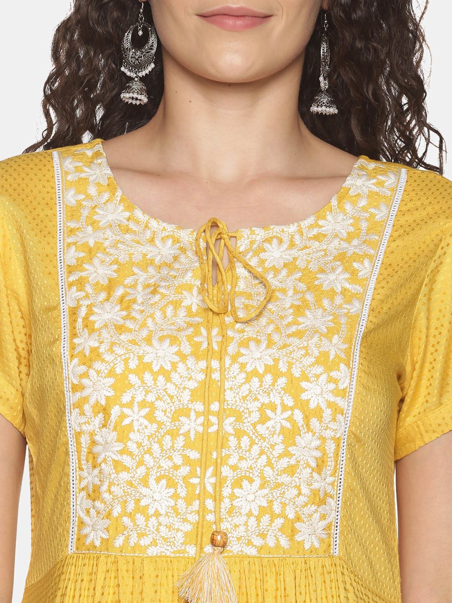 Saffron Threads Yellow Rayon Embroidered Midi Dress