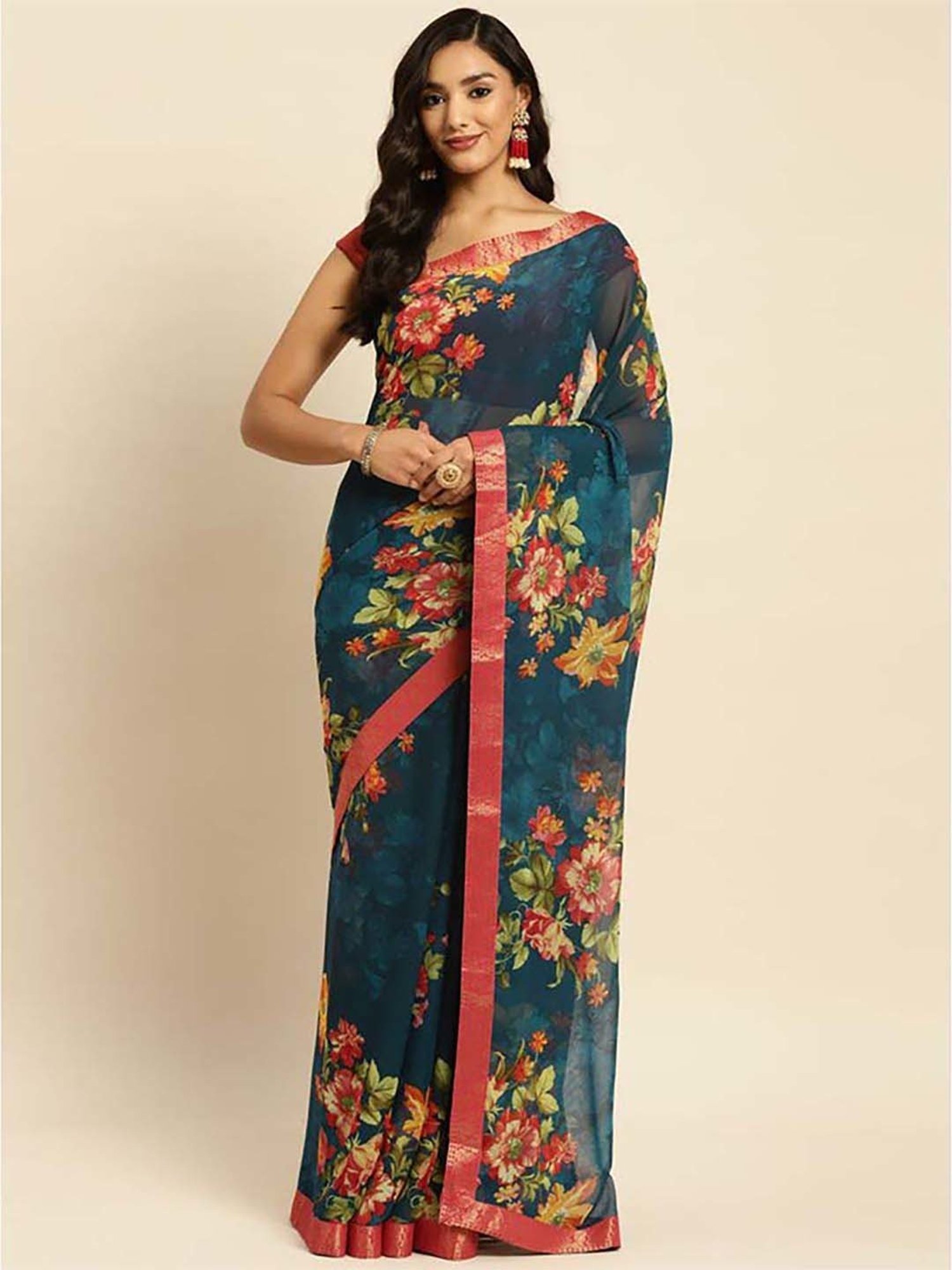 Rangita Teal Blue Floral Print Saree With Unstitched Blouse