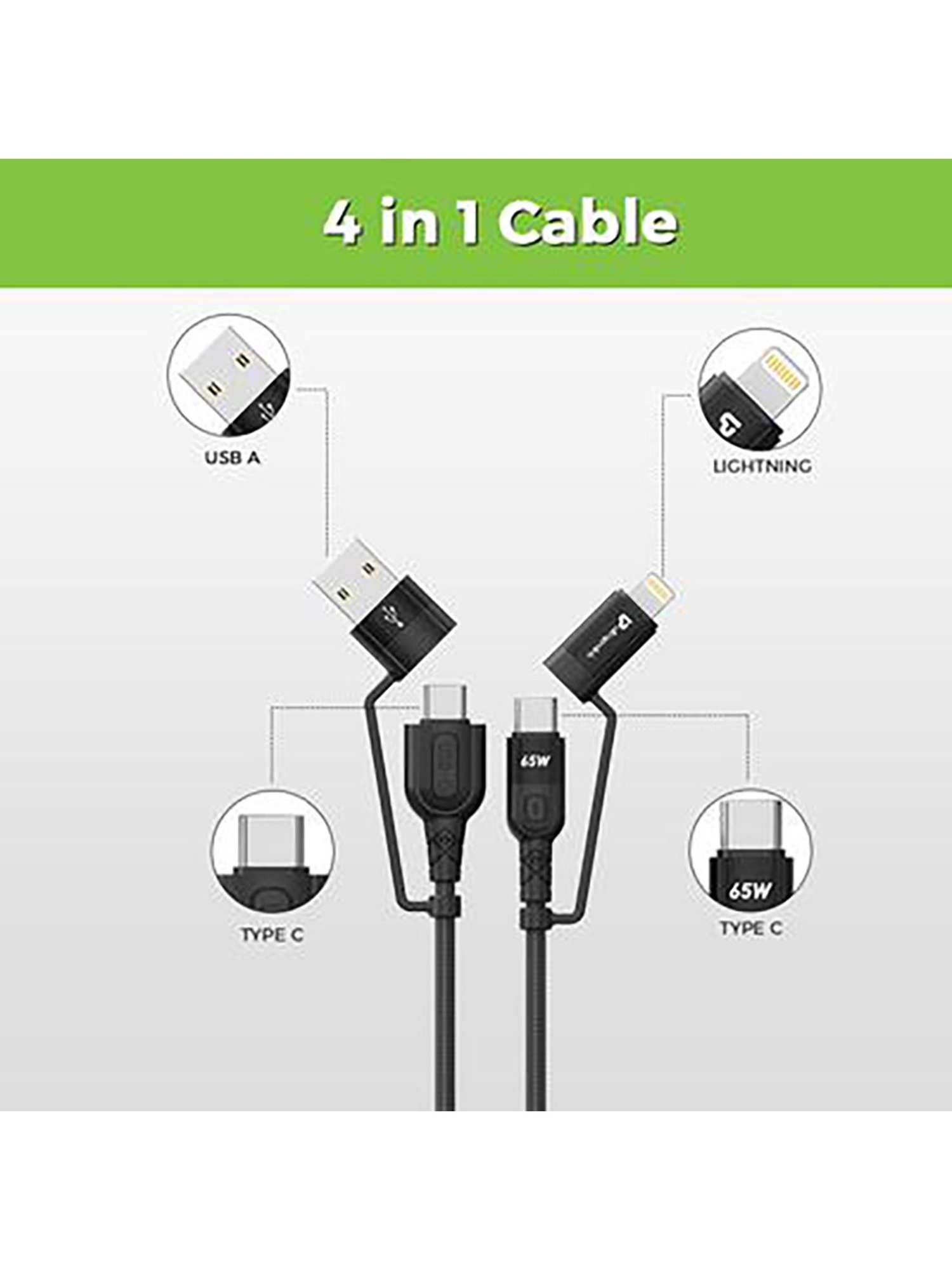 ULTRAPROLINK Quadlink UL1055 4 in 1 65W PD 1.2M Charging Cable (Black)