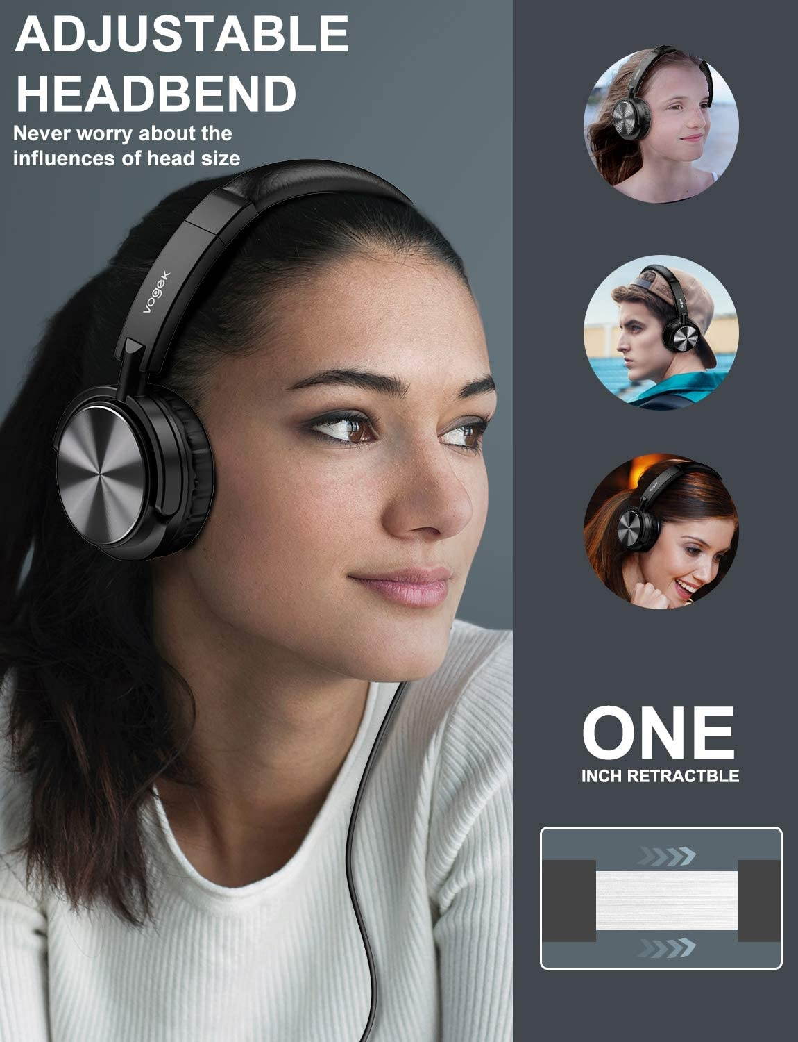 Vogek Headphones with Case Foldable On Ear Headset Wired with Deep Bass Noise Isolation Microphone and Adjustable Headband for Smartphone Computer Laptop Chromebook MP3/4 (Grey)