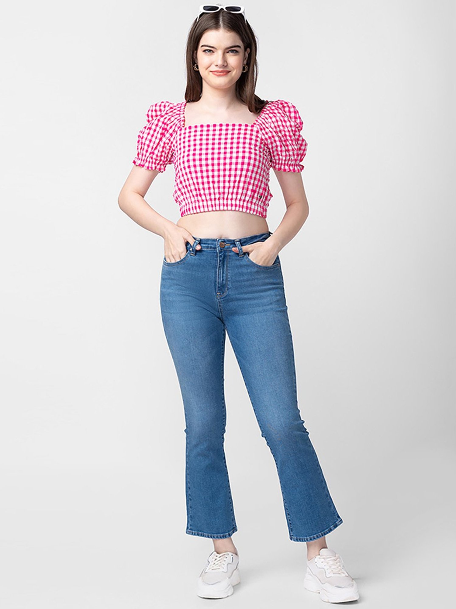 Spykar Pink Cotton Chequered Crop Top