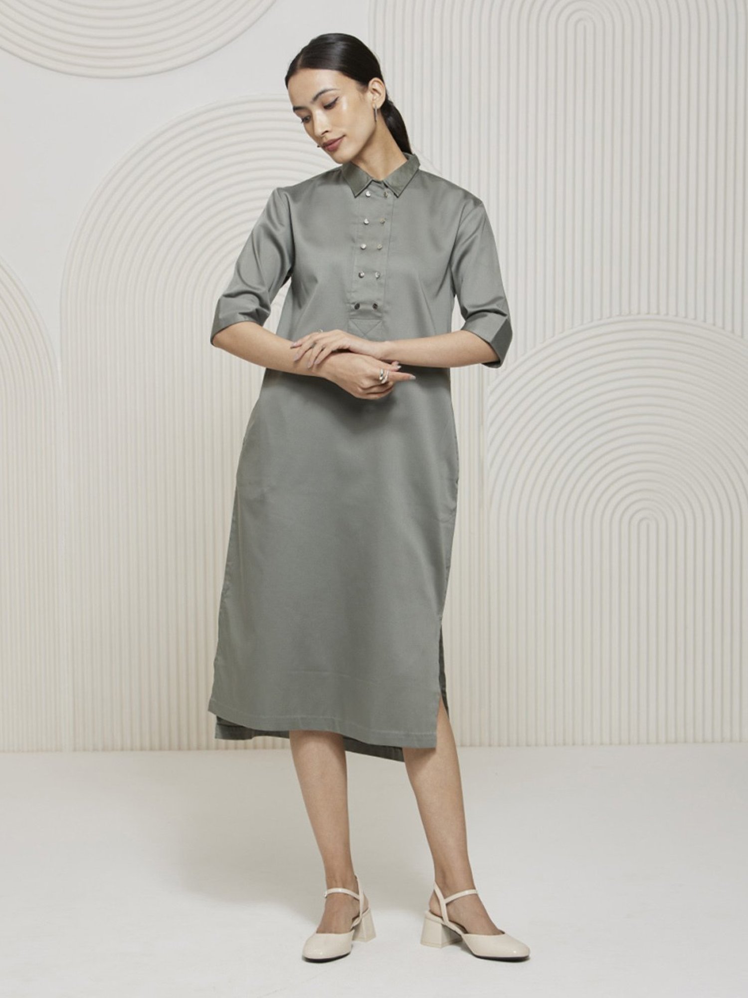 Artagai Green Elevated Basics Shirt Dress With Metal Button Detall