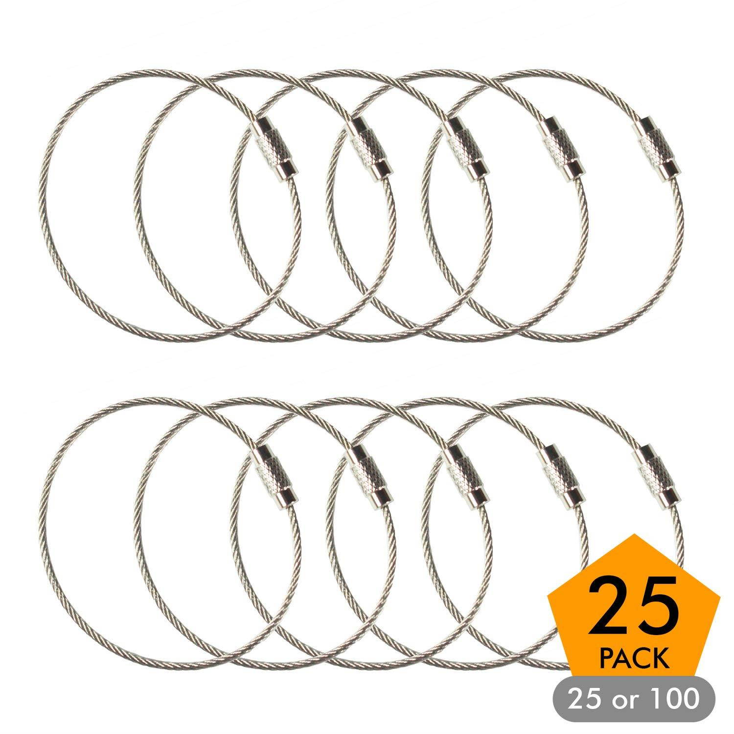 Stainless Steel Wire Keychains 1.5mm 6.3 Inches Aircraft Cable Key Ring Loops for Hanging Luggage Tags or ID Tags (25 Pack)