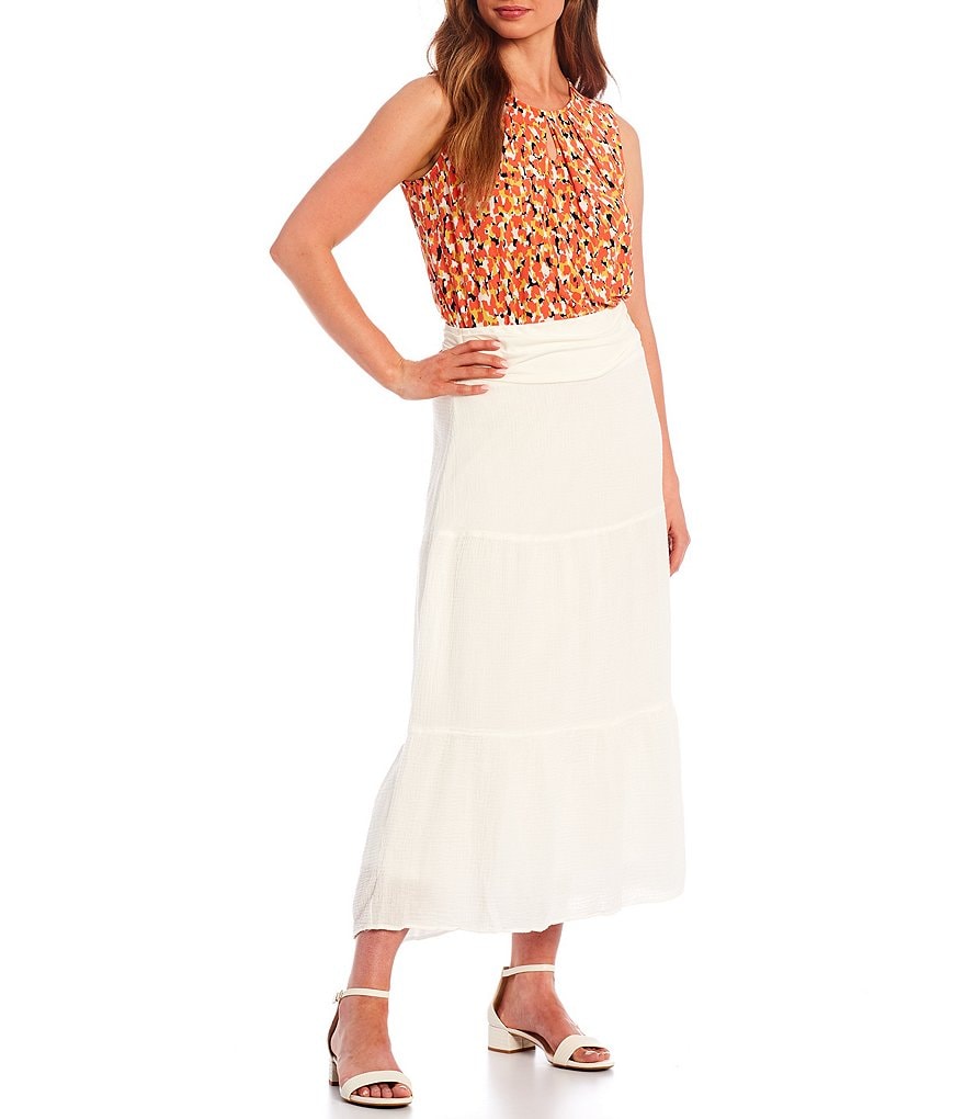 Kasper Pull-On Tiered A-Line Textured Gauze Skirt