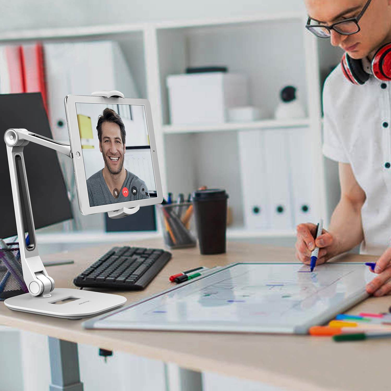 AboveTEK Long Arm Aluminum Tablet Stand, Folding iPad Stand with 360&deg; Swivel iPhone Clamp Mount Holder, Fits 4-11" Display Tablet/Phones for Kitchen Table Bedside Office Desk POS Kiosk Reception