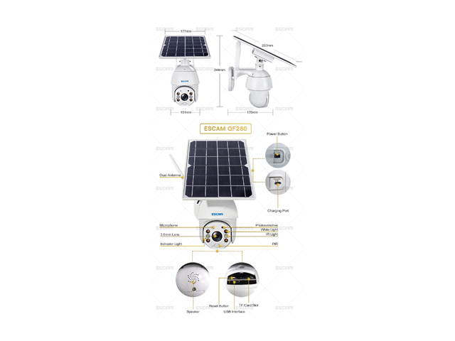ESCAM QF280 1080P Cloud Storage PT WIFI Battery PIR Alarm IP Camera With Solar Panel Full Color Night Vision Two Way IP66 Waterproof Audio Camera