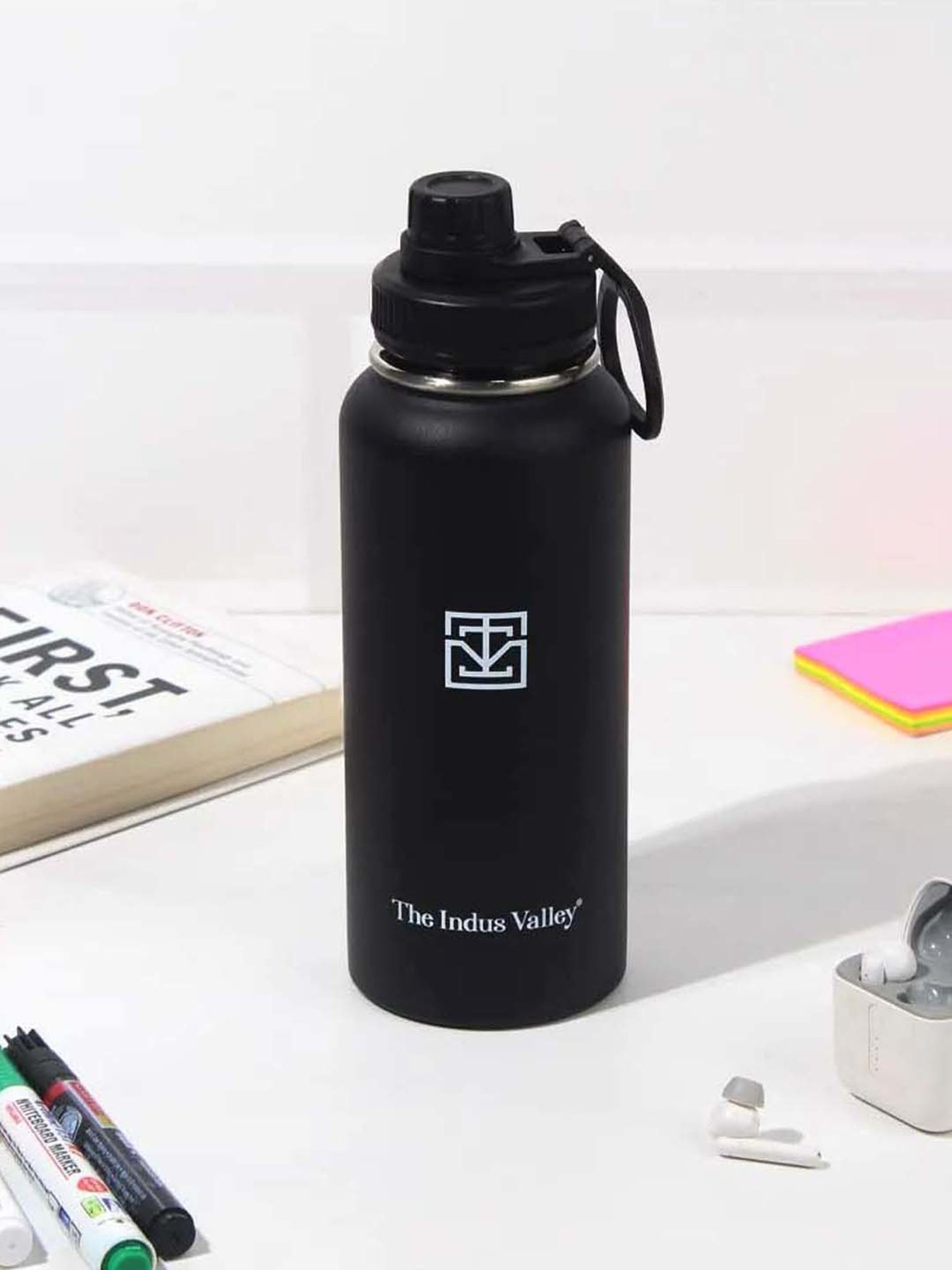 The Indus Valley Black Stainless Steel Vaccum Insulated Double-Walled Bottle Flask (1 L)