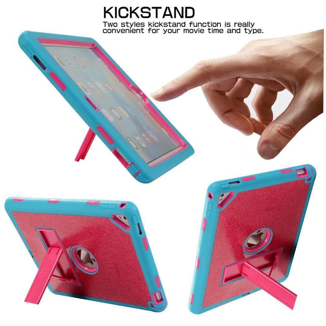 Lantier Heavy Duty Luxury Bling Glitter Kickstand Sparkle Three Layers Full-Body PC&Silicone Rugged Armor Hybrid Defender Protective Cover for New iPad 9.7 (2017/2018) Rose/Blue