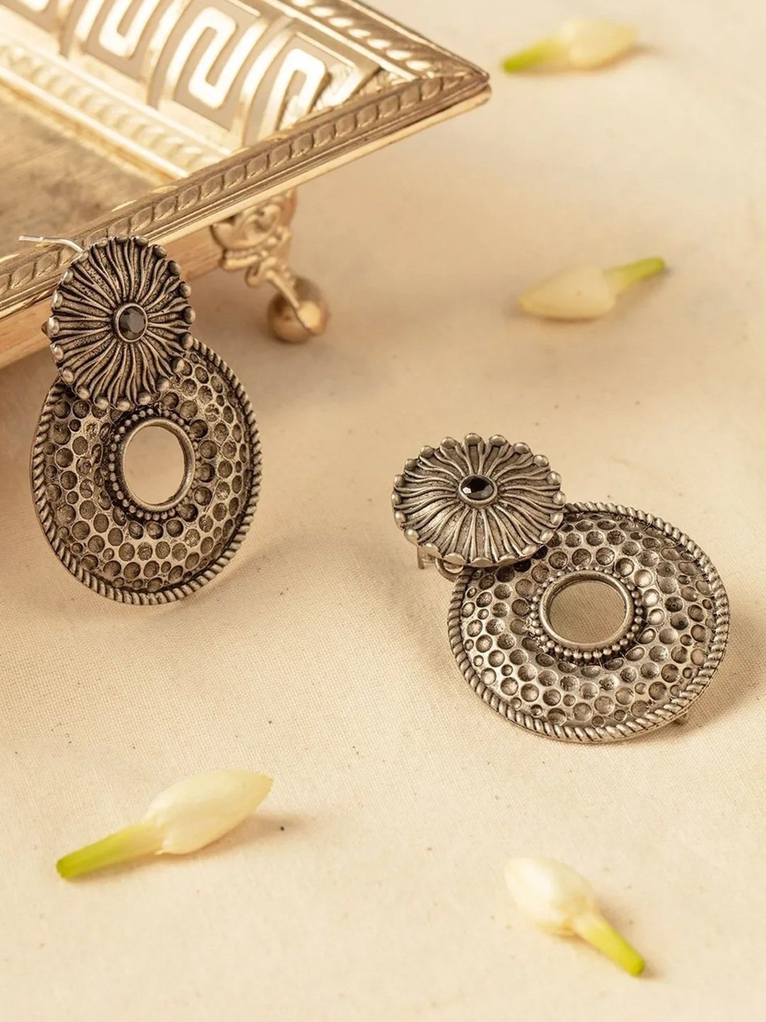 Oomph Jewellery Oxidized Silver Ethnic Hand Made Hammered Look Silver Look Alike Stud Earrings