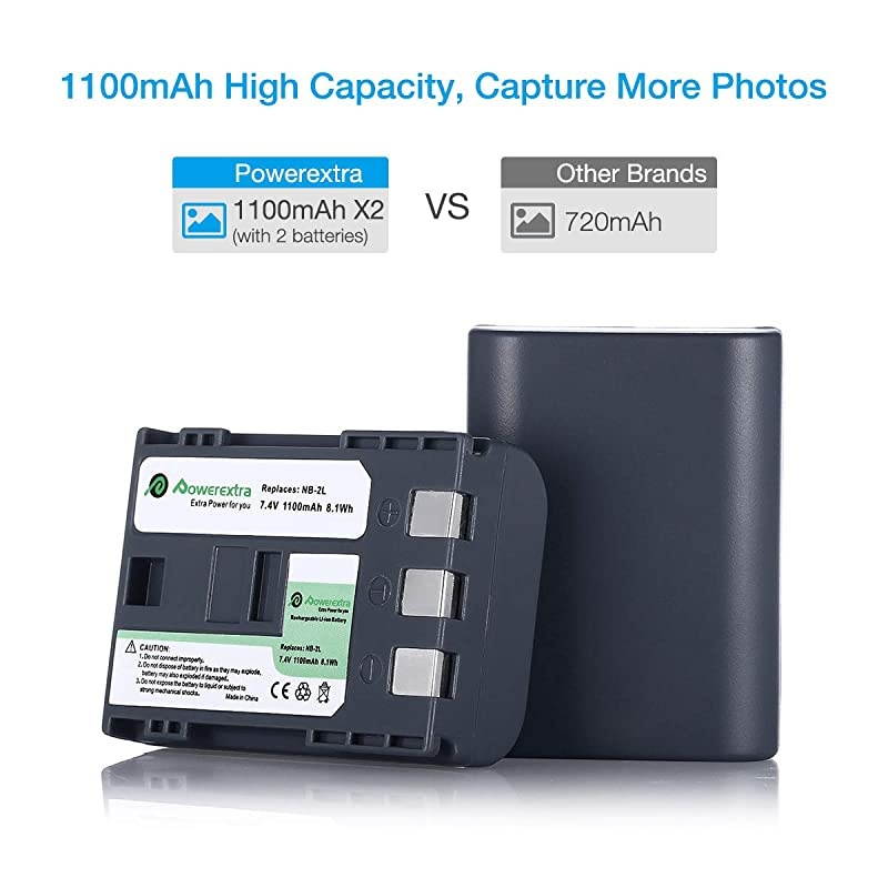 2 Pack Replacement Canon NB2L NB2LH Battery with Charger for Canon PowerShot G7 G9 S30 S40 S45 S50 S60 S70 S80 DC410 DC420 VIXIA HF R10 HF R100 HF R11 EOS 350D 400D Digital Rebel XT XTi