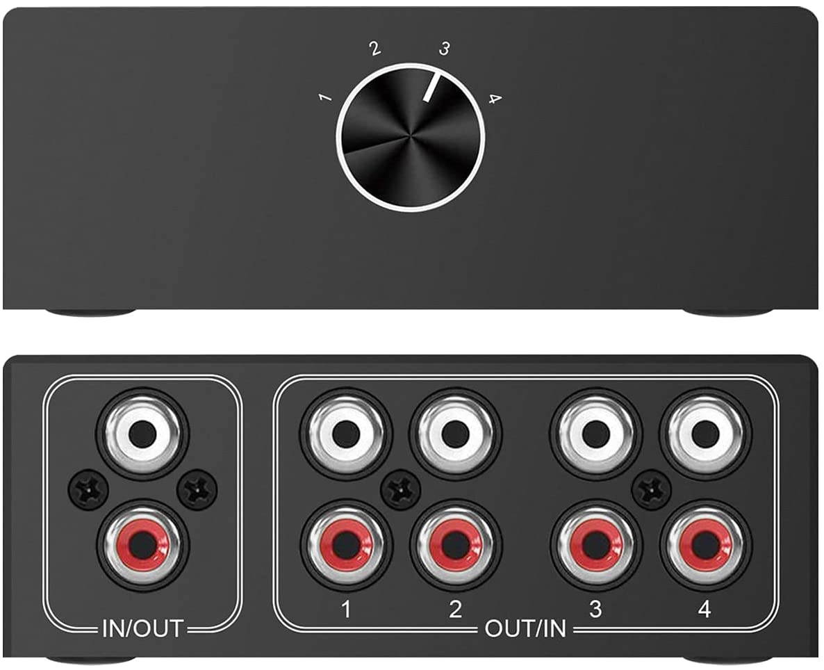 4-Way Stereo L/R Sound Channel Bi-Directional Audio Switcher, 1 in 4 Out or 4 in 1 Out, L/R Sound Channel Audio Switch Splitter RCA Stereo Switch Selector for DVD Stereo Speaker CD Player