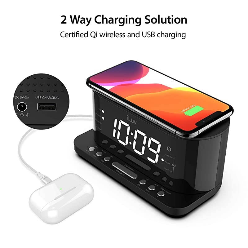 Time Shaker 5Q Wow Qi-Certified Wireless Charging Alarm Clock with Vibration Shaker, Jumbo LCD White Display, Dual Alarm, FM Radio, Sleep Timer, 3-Level Dimmer, USB Charging Port, Battery Backup
