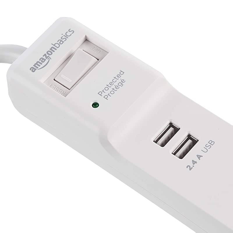 Basics 6Outlet Surge Protector Power Strip with 2 USB Ports 500 Joule White 2Pack