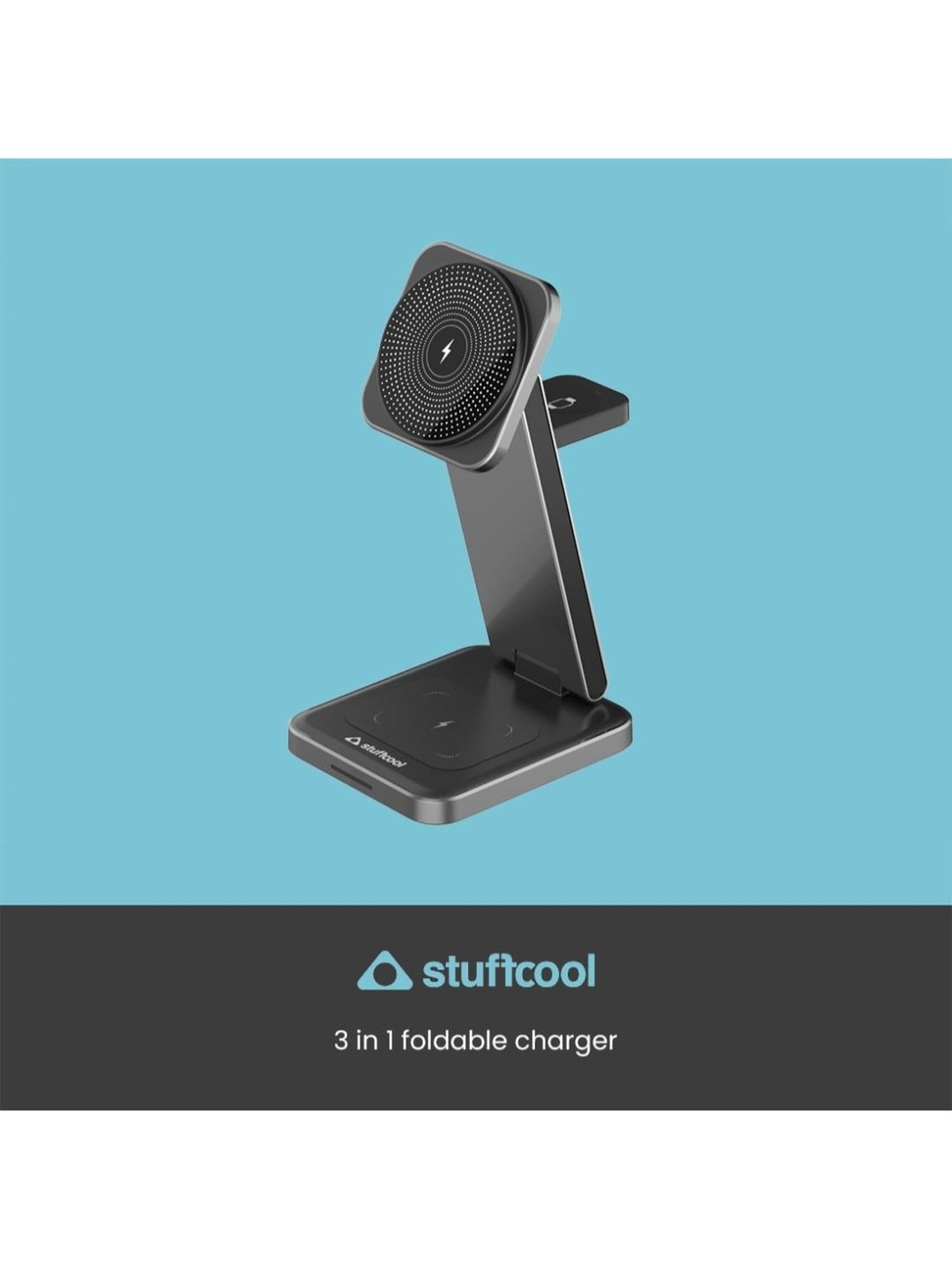 Stuffcool Rover Foldable 3 in 1 Magnetic Wireless Charging Station for iPhone 15, 14, 13, 12 (Black)