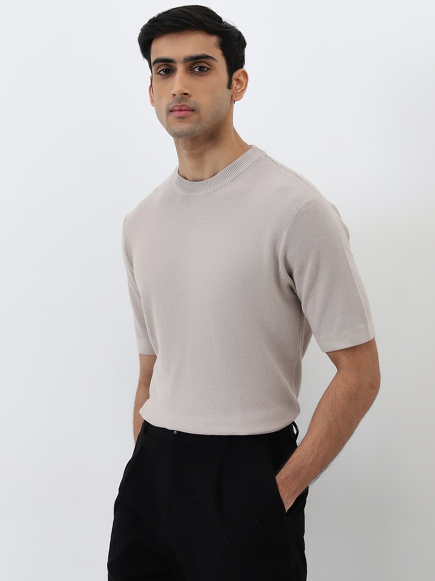 WES Formals by Westside Light Taupe Solid Slim-Fit Cotton T-Shirt