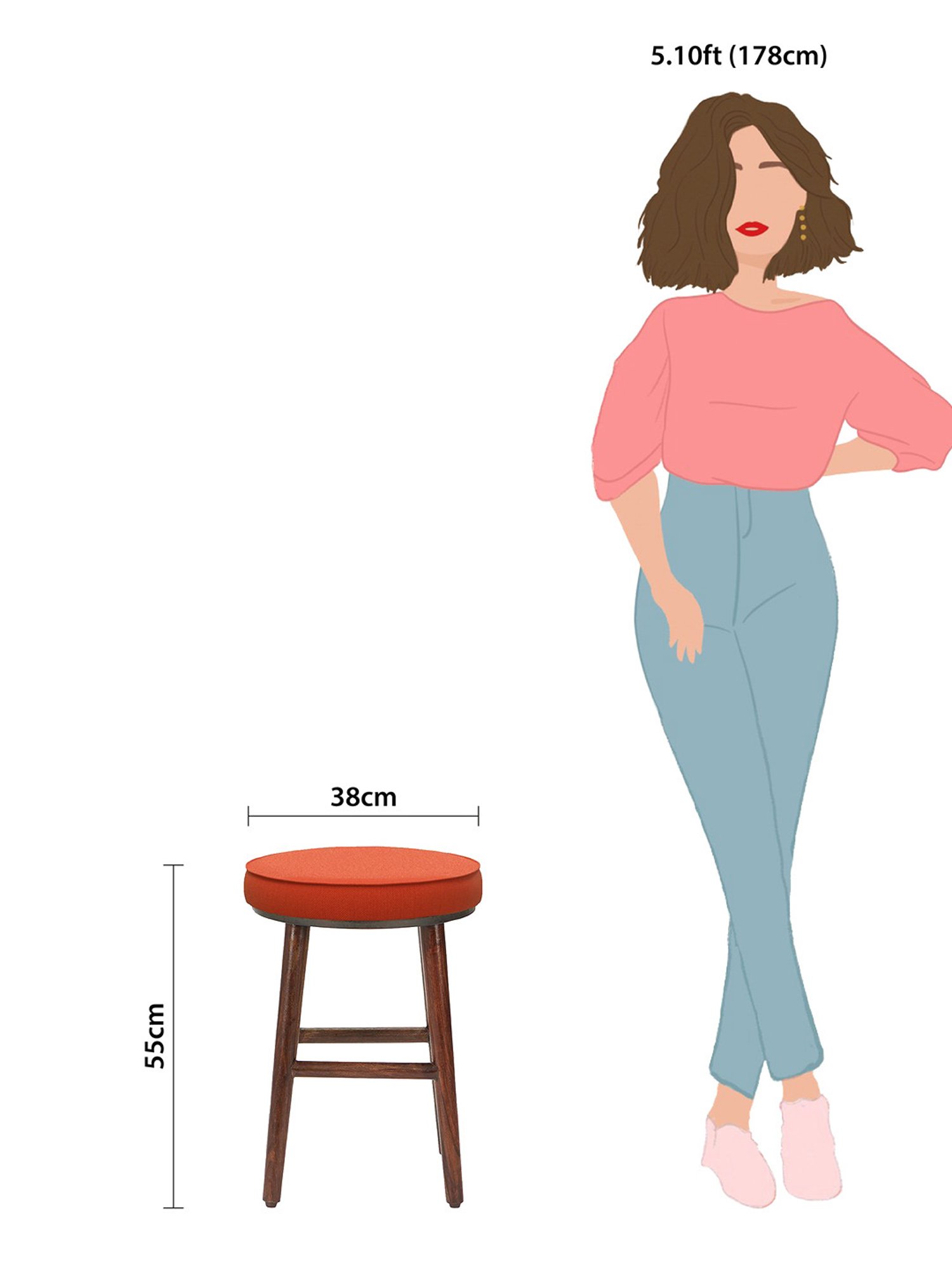 Chumbak English Carribean Solid Coral Orange Wood Cafe Stool