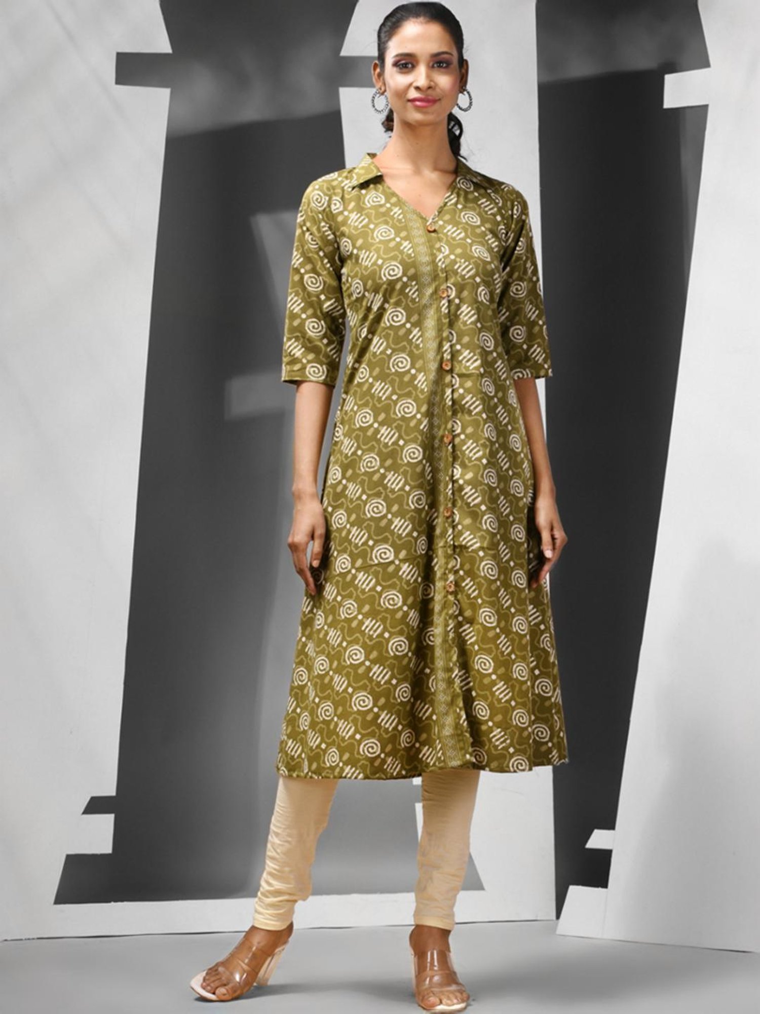 CHARUKRITI Green Cotton Printed A Line Kurta
