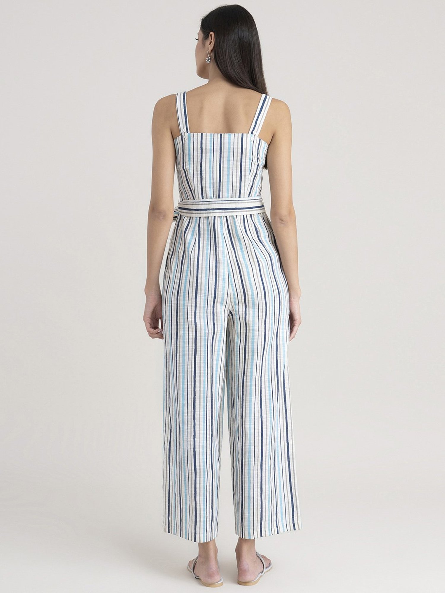 Pink Fort Off-White & Blue Cotton Striped Jumpsuit