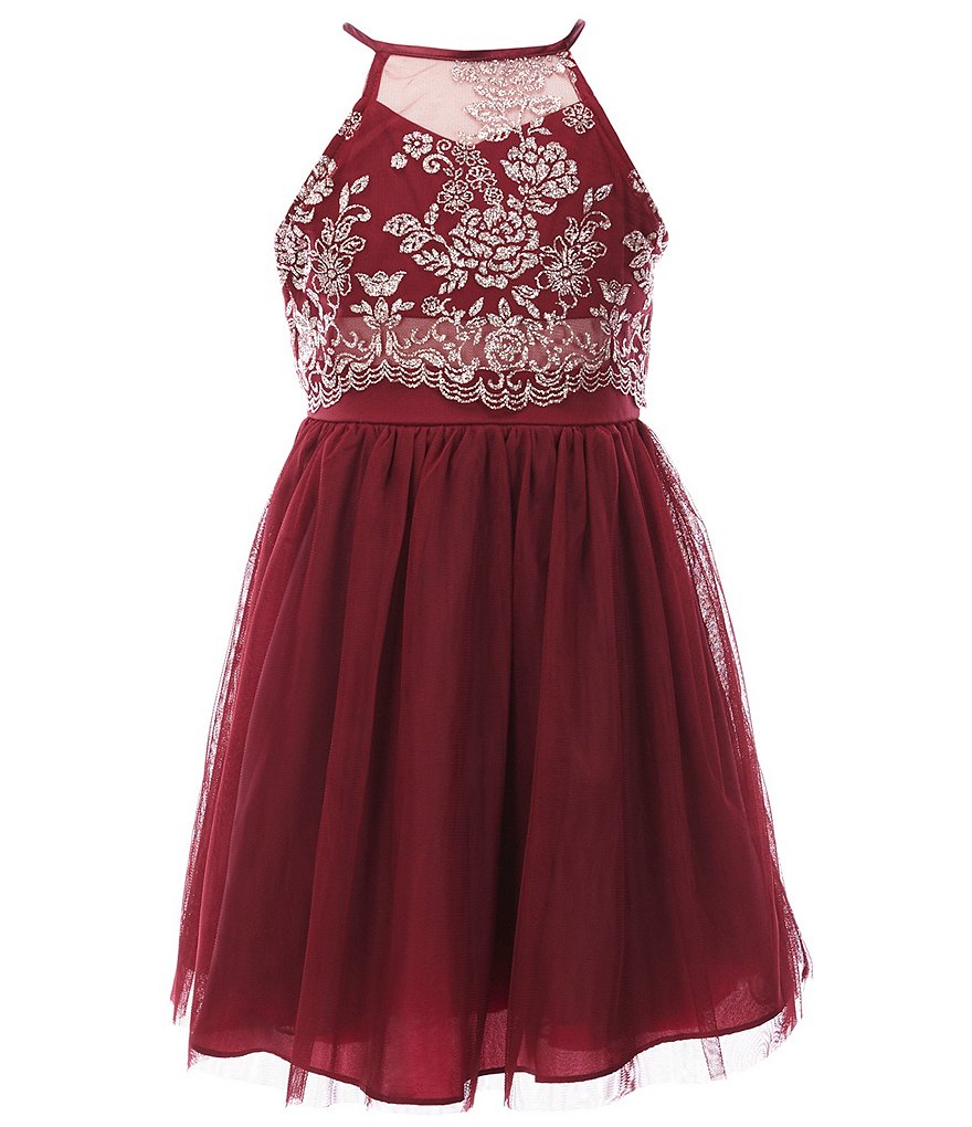 Honey and Rosie Big Girls 7-16 Sleeveless Ruffled Neck Scuba Skater Dress