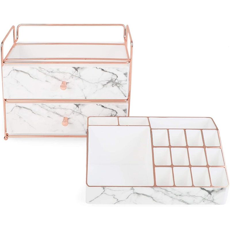 Glamlily White Marble Makeup Storage, Cosmetic Organizer Drawers (9.5 x 9.5 x 5.5 Inches)