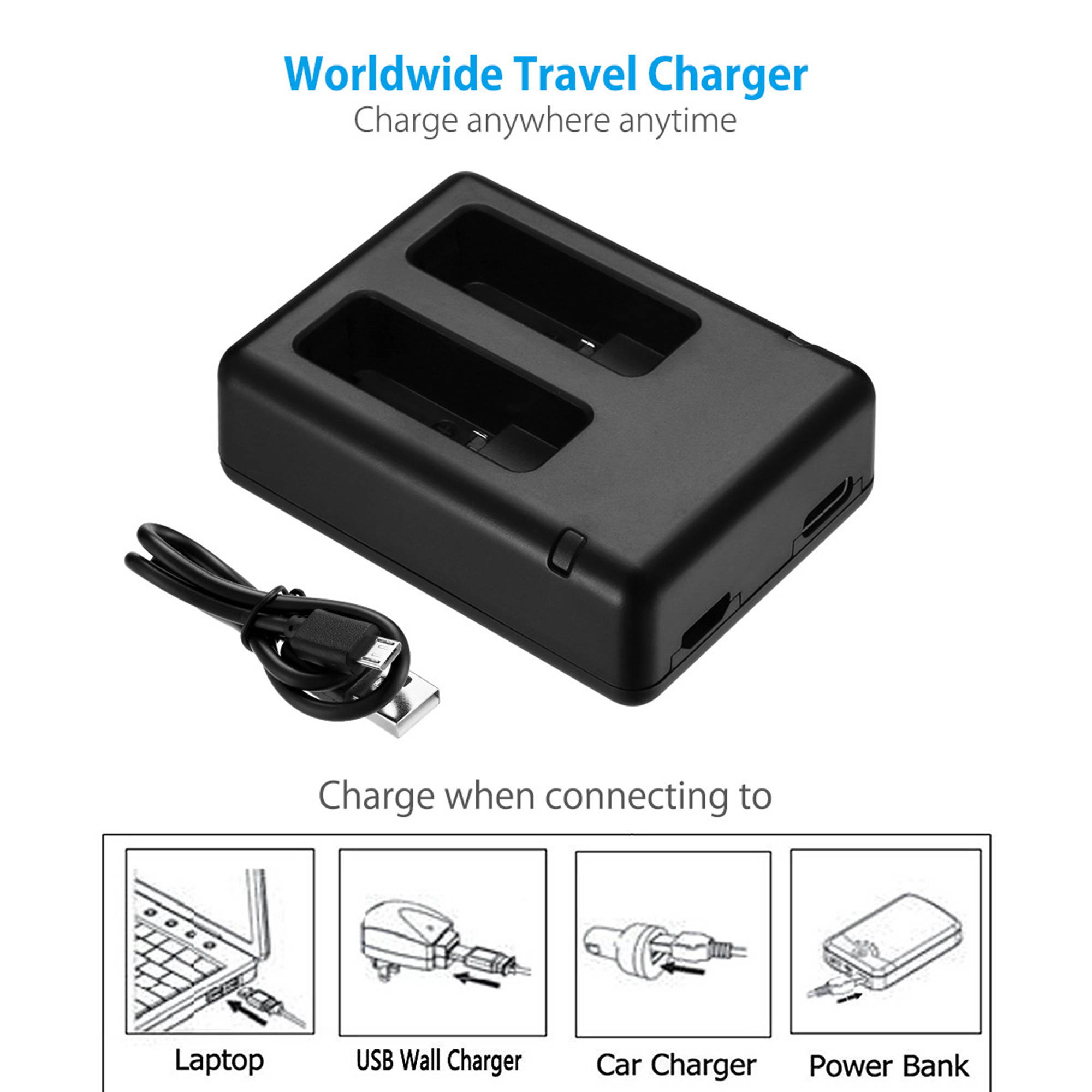Powerextra Battery Charger USB Cable USB Dual Charger For GoPro AHDBT-501 Battery.