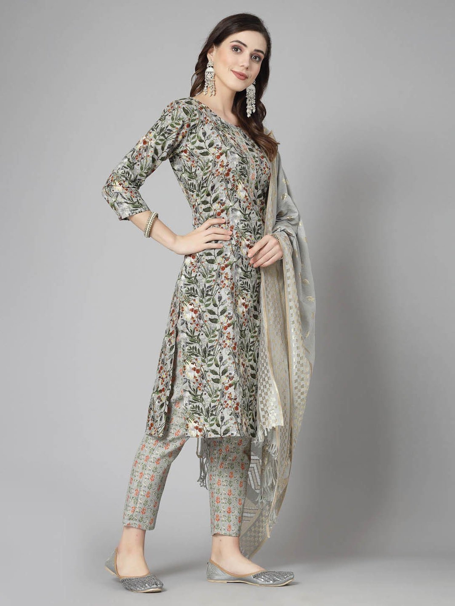 Stylum Green Floral Print Kurta With Pant & Dupatta