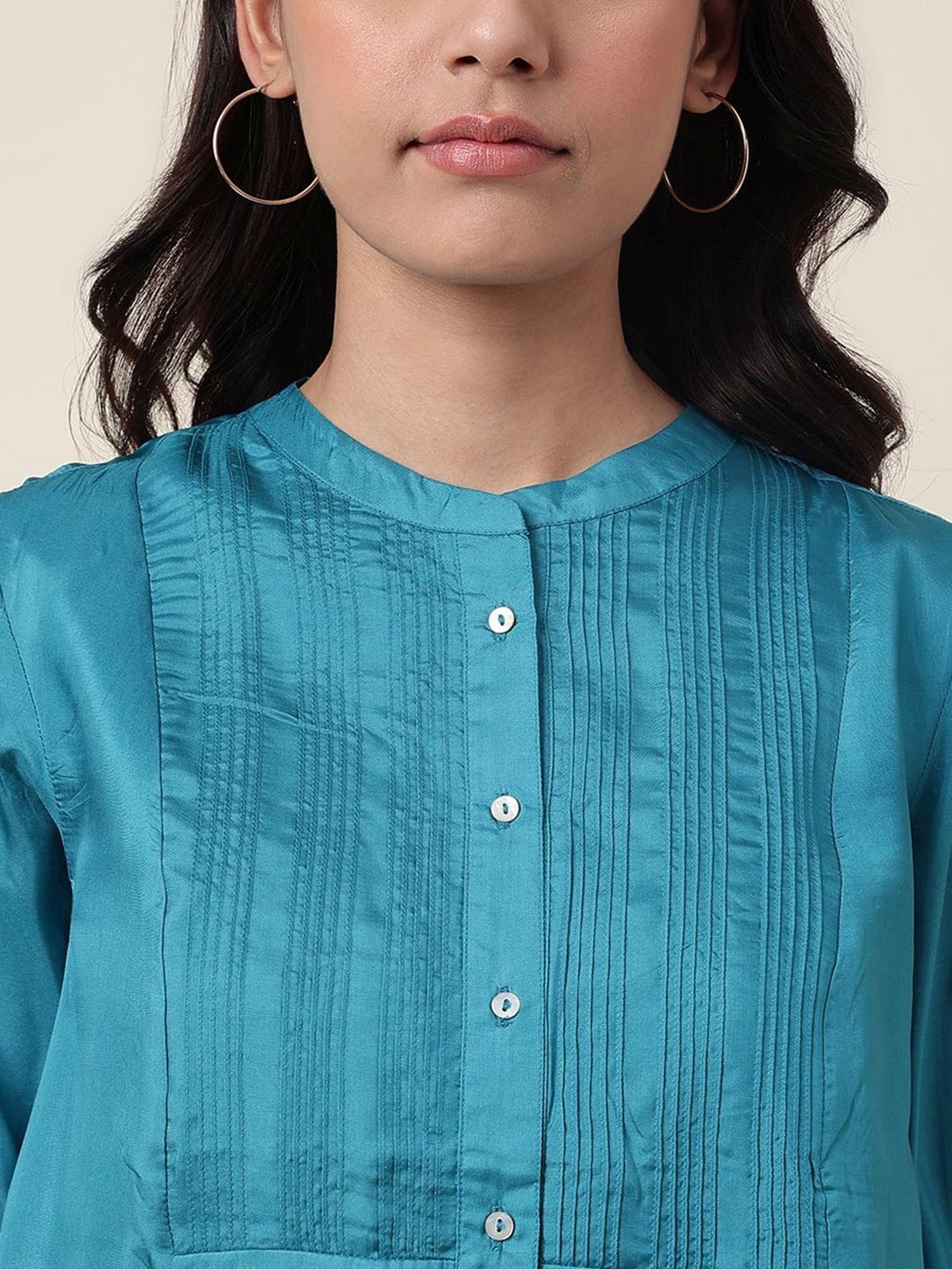 Fabindia Teal Blue Mandarin Collar Tunic